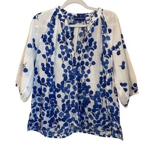 Ro's Garden Size XS Blue White Leafy Branch Print Cotton Popover V-Neck Top